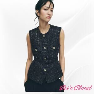 Zara Women's Belted Sequin TW Structured Vest Sz L Navy Blue